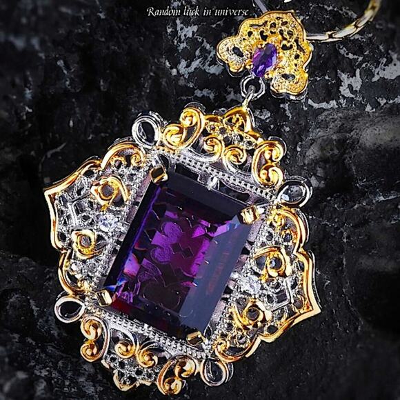 Antique Amethyst Pendant Necklace, Two Tone, Gold, Silver, Women’s, Gemstone, - Picture 3 of 7